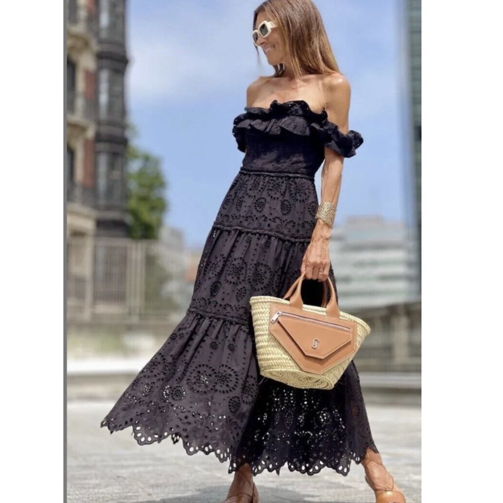 ZARA EMBROIDERED RUFFLED OFF-SHOULDER MIDI DRESS BLACK S